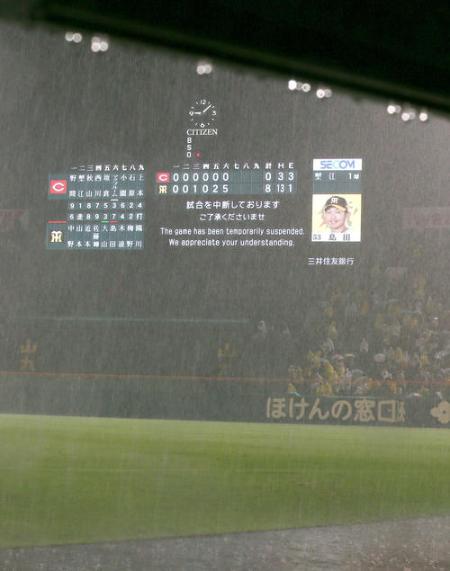 阪神対広島　6回裏阪神1死三塁、大山悠輔の中前適時打の後、大雨で中断する（撮影・上山淳一）