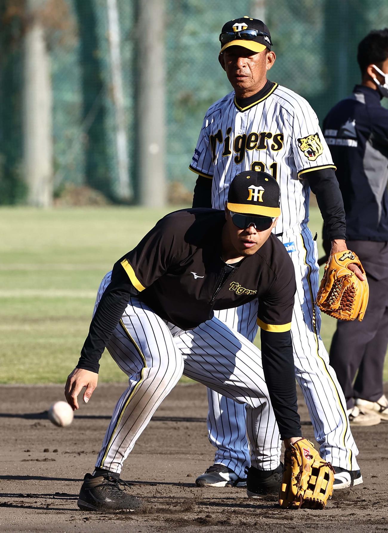 馬場コーチ（右）の指導を受けながらノックを受ける阪神佐藤輝（2022年11月16日撮影）
