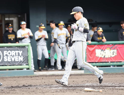 楽天対阪神　2回表阪神無死一、二塁、中野の左前安打で楽天正隨が球をこぼす間に木浪が生還（撮影・鈴木正人）