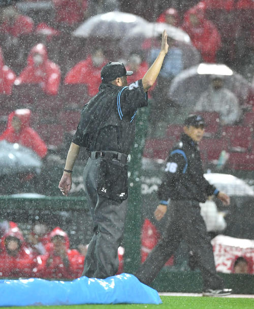 広島対阪神　6回表、降雨コールドゲームを宣言する嶋田主審（撮影・岩下翔太）