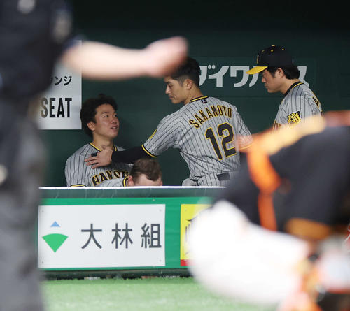 巨人対阪神　8回表阪神1死、代打原口が送られ、交代となった村上（左）は、坂本（中央）のねぎらいを受ける。右は安藤コーチ（撮影・宮地輝）