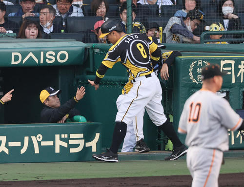 阪神対巨人　2回裏阪神1死二、三塁、坂本の右前適時打で先制生還した佐藤輝を迎える岡田監督（左）（撮影・上山淳一）