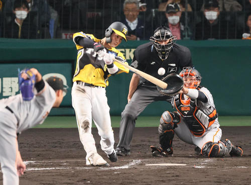 阪神対巨人　8回裏阪神1死一塁、木浪は中前打を放つ（撮影・上山淳一）