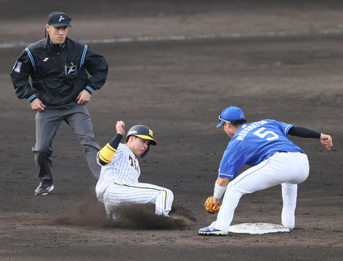 阪神対中日　7回裏阪神2死一塁、打者木浪の時、一走梅野（中央）は二盗を狙うがアウトとなる。遊撃手村松（撮影・上山淳一）