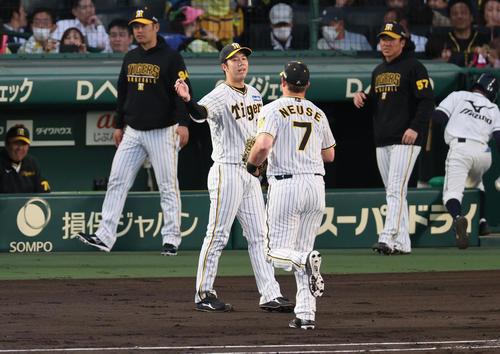 阪神対DeNA 2回表終了後、好守備を見せたノイジー（手前）と笑顔でハイタッチする青柳（撮影・上山淳一）