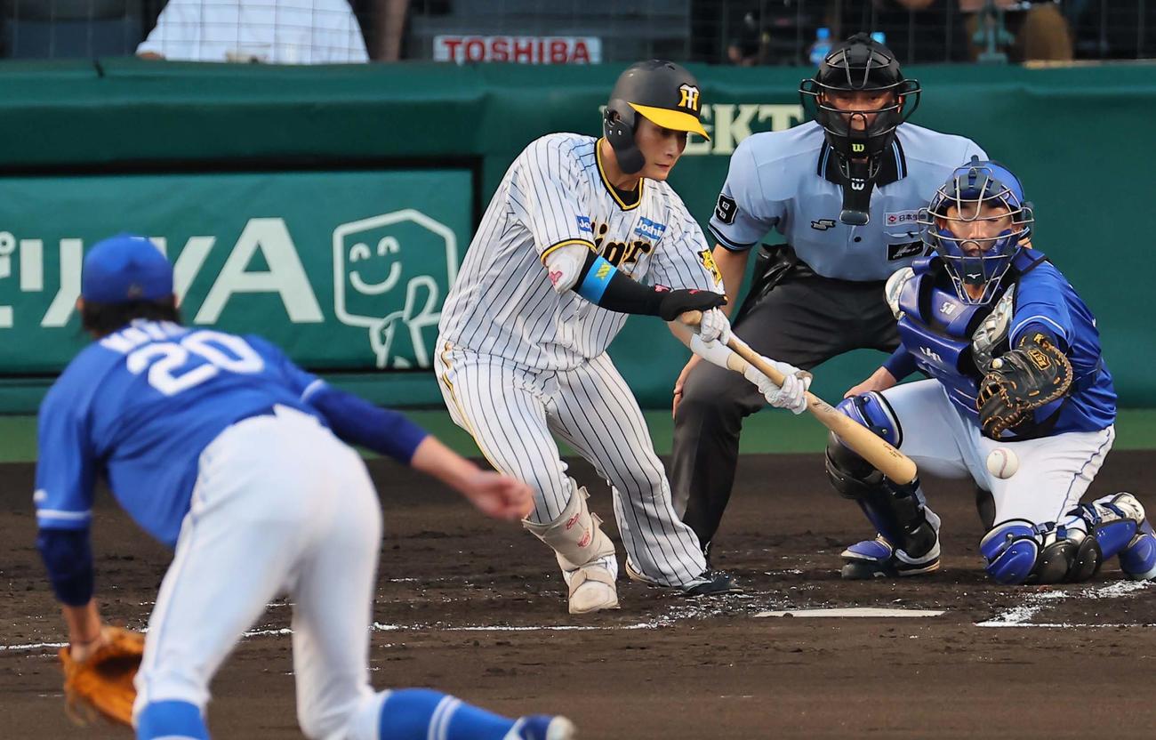 阪神対中日　2回裏阪神無死一塁、木浪は送りバントを決める（撮影・上田博志）