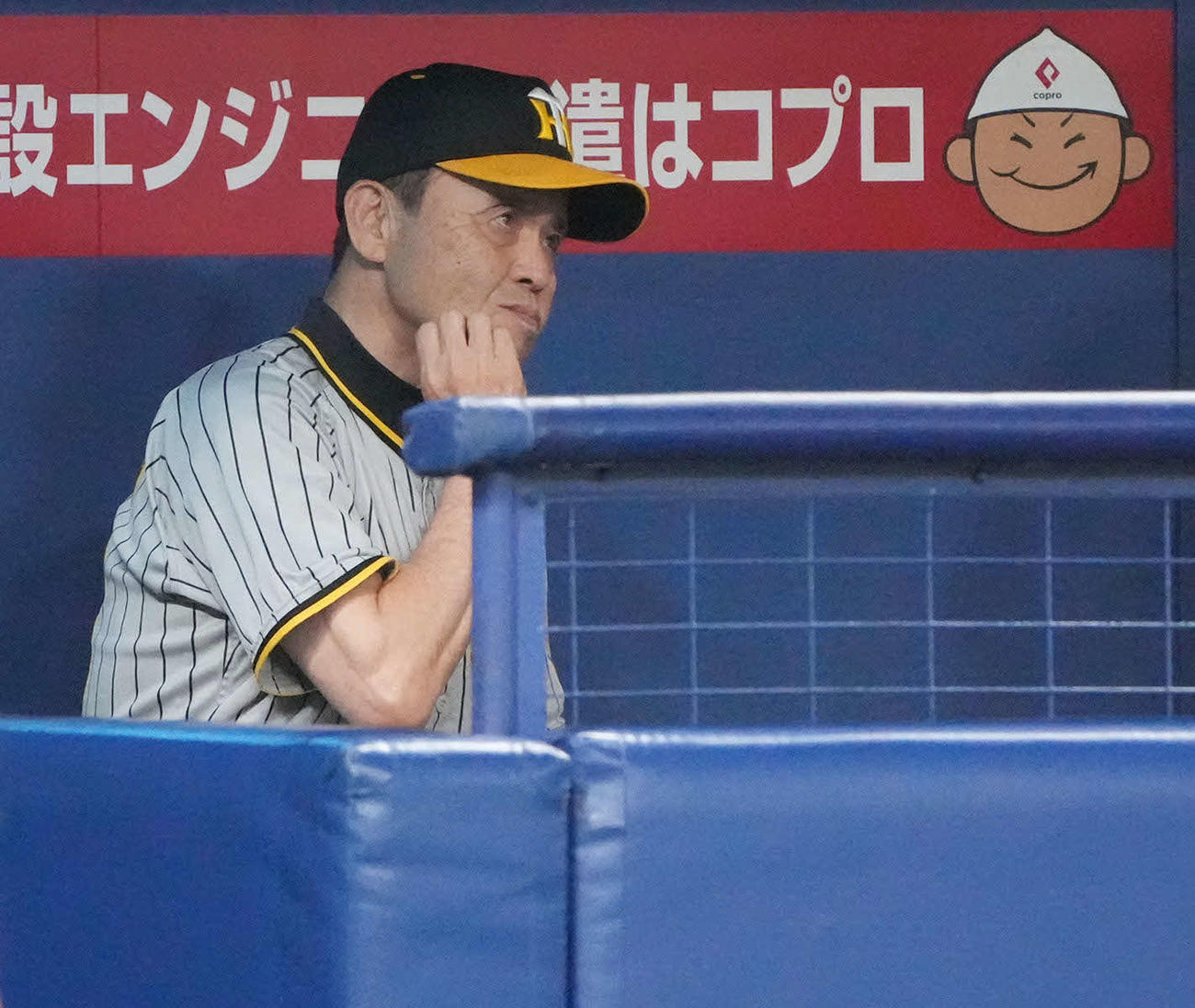 中日対阪神　3回表終了、ベンチからスコアボードを見つめる岡田監督（撮影・森本幸一）