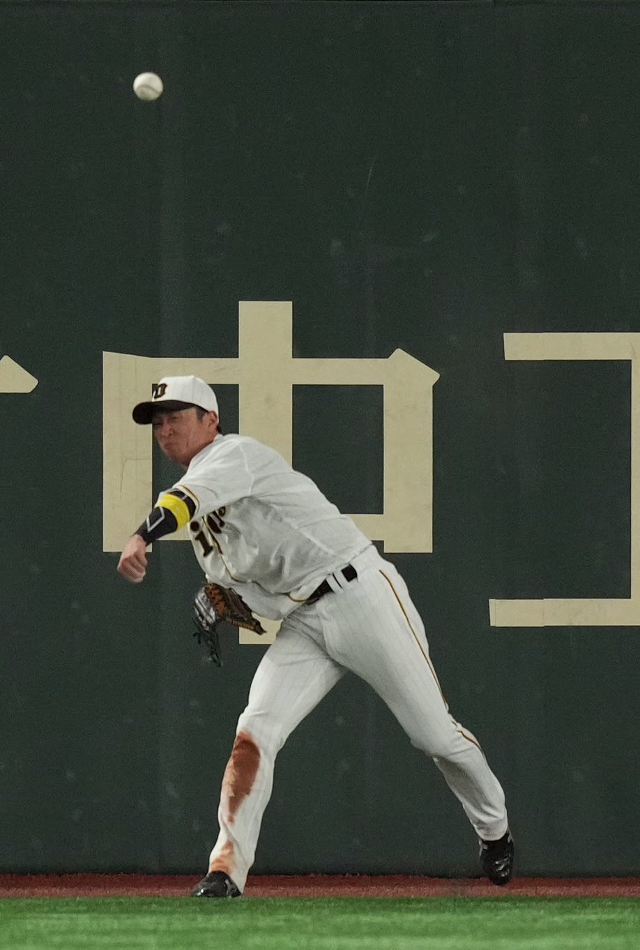 巨人対阪神　8回裏巨人無死一、二塁、岡本和の適時二塁打で本塁へ送球する近本（撮影・狩俣裕三）