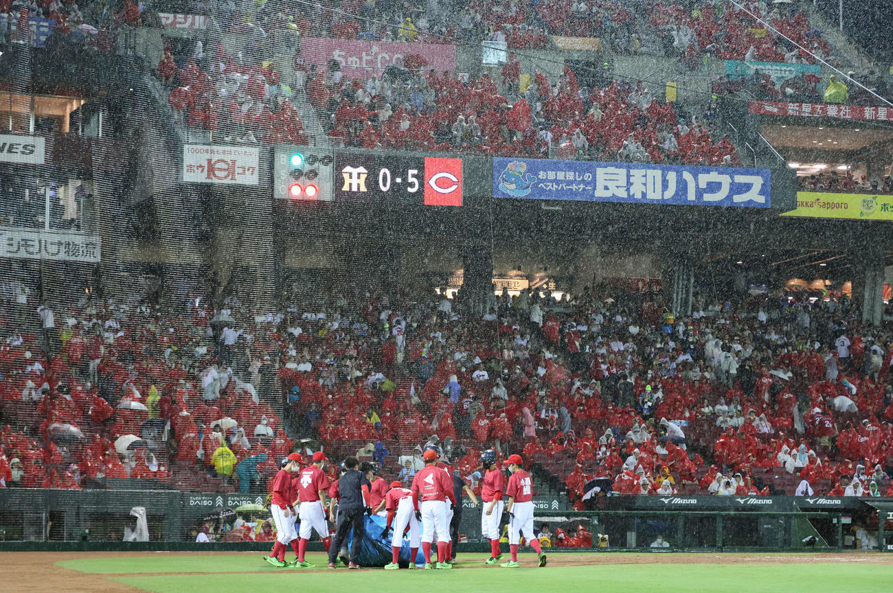 広島対阪神　4回裏広島2死満塁、降雨のため、試合が中断（撮影・加藤孝規）