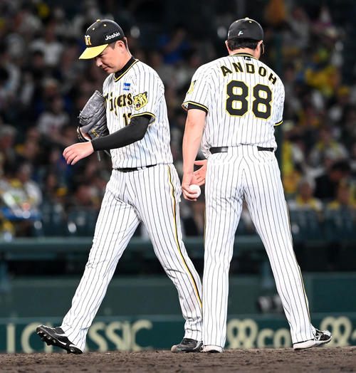 阪神対DeNA 9回、連続被弾でDeNAに逆転を許し、降板でベンチに下がる岩崎（左）。右は安藤コーチ（撮影・前岡正明）