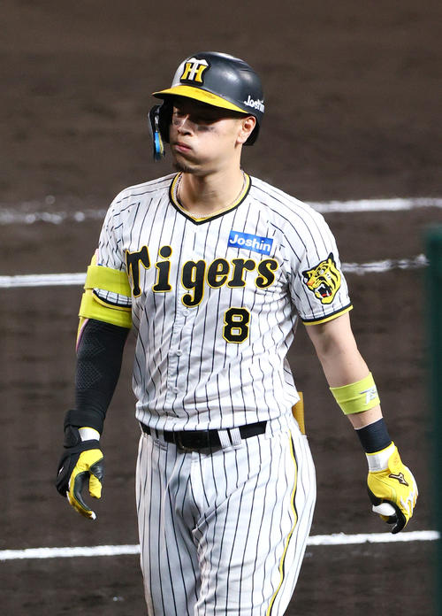 阪神対DeNA 9回裏阪神無死、佐藤輝は一ゴロに倒れ、口を膨らませながらベンチへ引き揚げる（撮影・上山淳一）