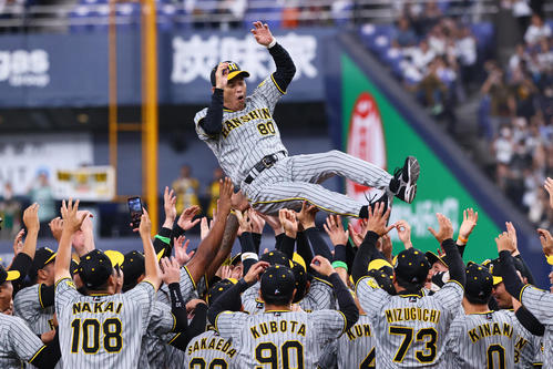 オリックス対阪神　38年ぶり2度目の日本一を決め、チームメートに胴上げされる阪神岡田監督（撮影・上山淳一）