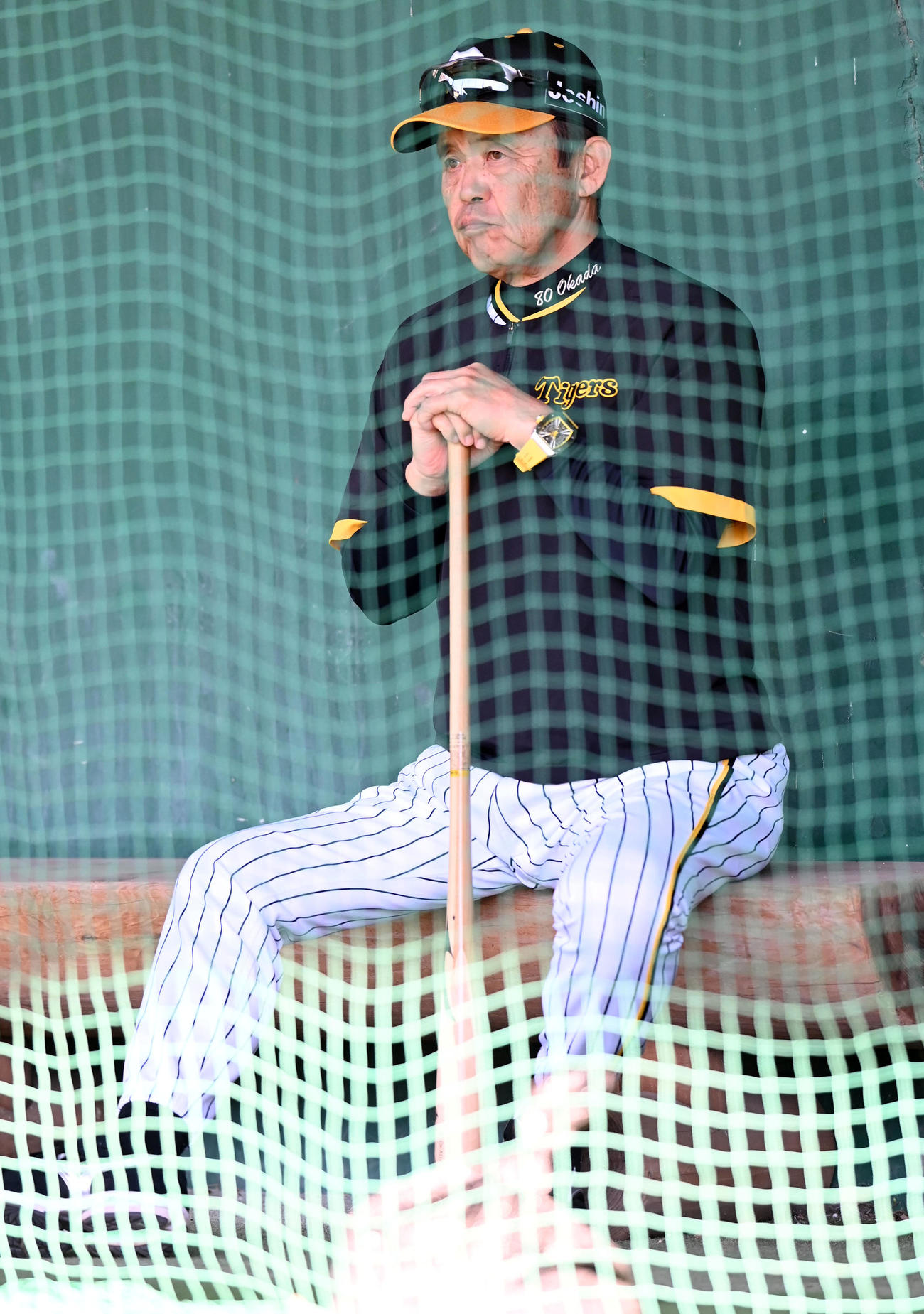 ブルペンを視察する岡田監督（撮影・前岡正明）