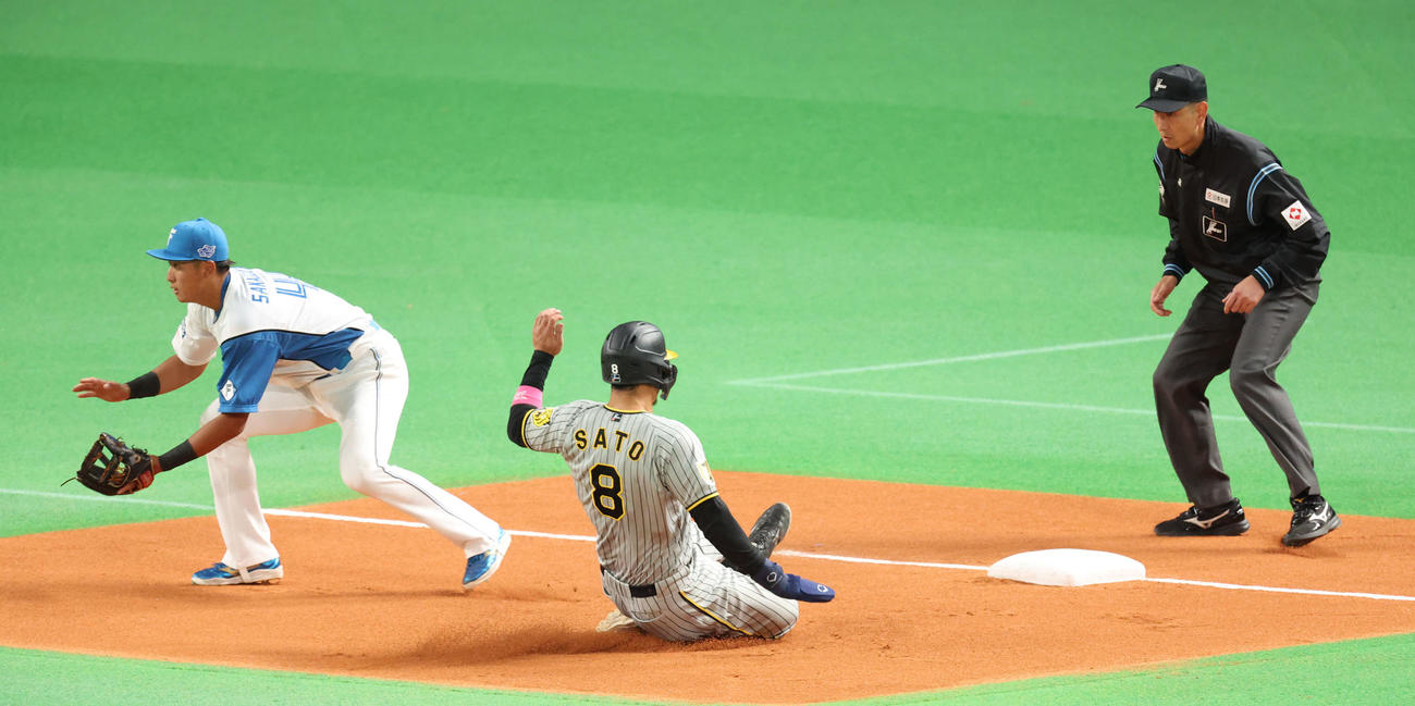 日本ハム対阪神　6回表阪神1死二塁、森下の一邪飛で三塁にタッチアップをする二走佐藤輝（撮影・佐藤翔太）