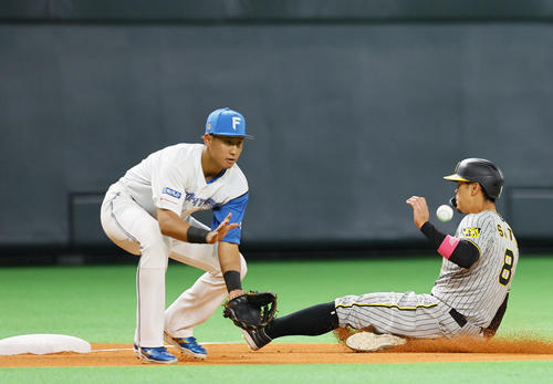 日本ハム対阪神　6回表阪神1死二塁、森下翔太の一邪飛で三塁へ進む佐藤輝。野手阪口（撮影・藤尾明華）