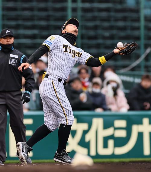 阪神対楽天オープン戦　2回表楽天無死、佐藤輝は阿部寿樹の飛球をエラーする（撮影・上田博志）