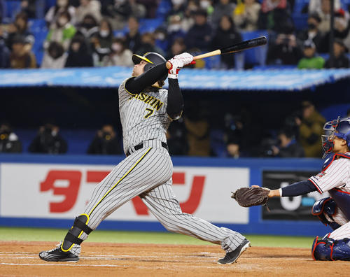 ヤクルト対阪神　8回表阪神1死二、三塁、ノイジーは右犠飛を放つ（撮影・藤尾明華）