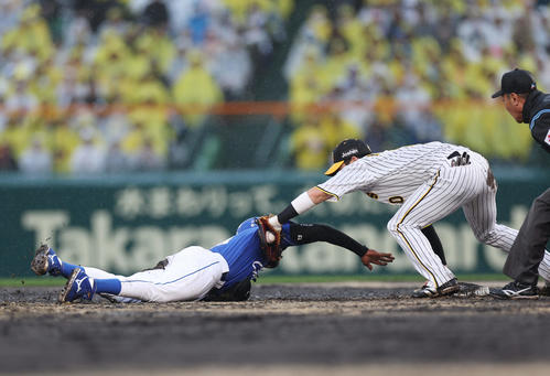 阪神対中日　4回表中日無死一塁、中田の中飛で二塁へタッチアップするもベースで止まれずアウトになる一走カリステ。遊撃手木浪（撮影・前田充）