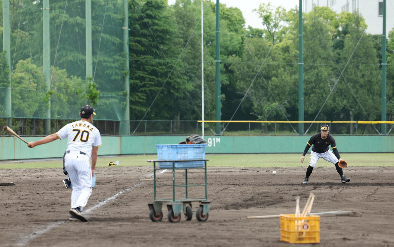 2軍降格した阪神佐藤輝は、田中コーチのノックを受ける（撮影・前田充）