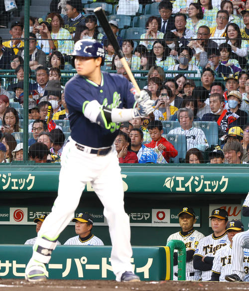 阪神対ヤクルト　3回表ヤクルト2死一、二塁、岡田監督（右から3人目）は村上の打席を見つめる（撮影・上山淳一）