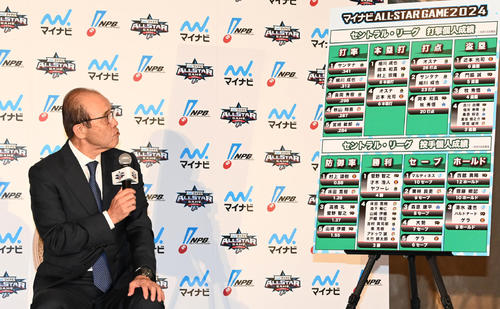 マイナビオールスターゲーム2024要項発表記者会見で全セの注目選手を話す岡田監督（撮影・前岡正明）