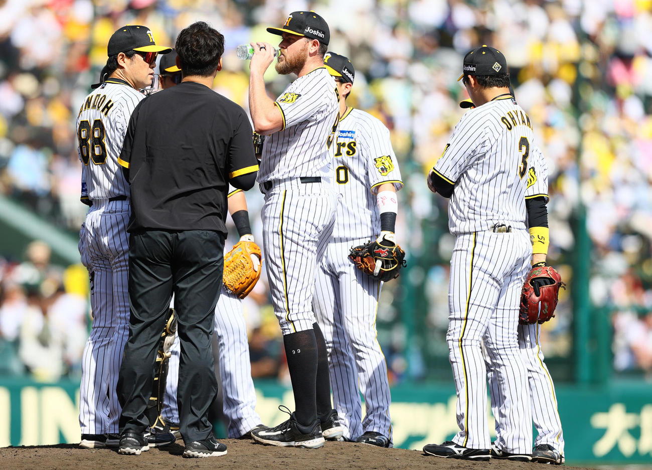 阪神対ヤクルト　5回表ヤクルト2死一、二塁、ビーズリー（中央）は安藤投手コーチの話を聞きながら水分補給する（撮影・上山淳一）