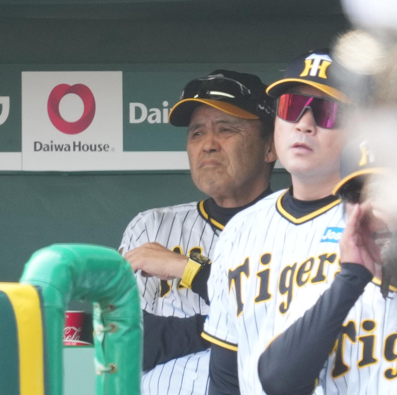 阪神対巨人　ベンチで浮かない表情を見せる阪神岡田監督（左）（撮影・菅敏）