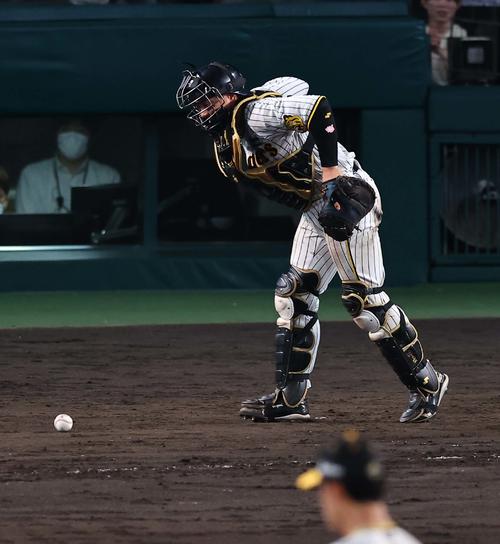 阪神対DeNA 10回表DeNA無死一塁、石井の投球を止める梅野（撮影・上田博志）
