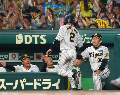 阪神対DeNA 7回裏阪神1死一、三塁、岡田監督（右）は近本の中犠飛で生還の梅野（手前）を出迎える（撮影・上山淳一）