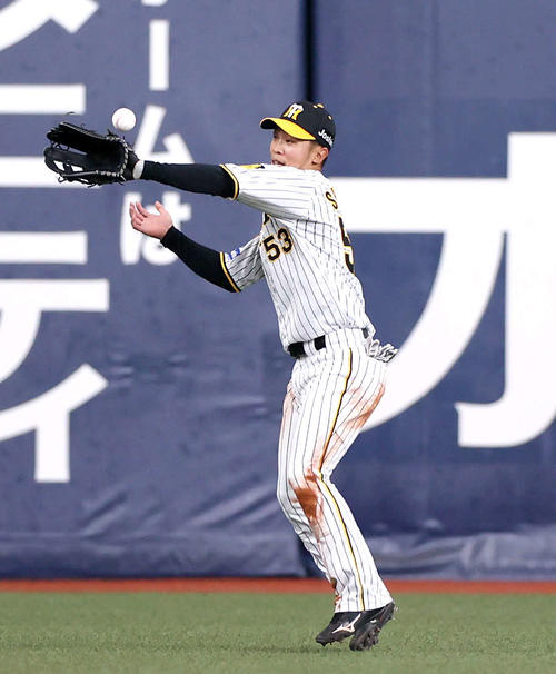 阪神対ヤクルト　5回表ヤクルト1死、左翼手島田は岩田の左前打をファンブルし三塁進塁を許す（撮影・上山淳一）