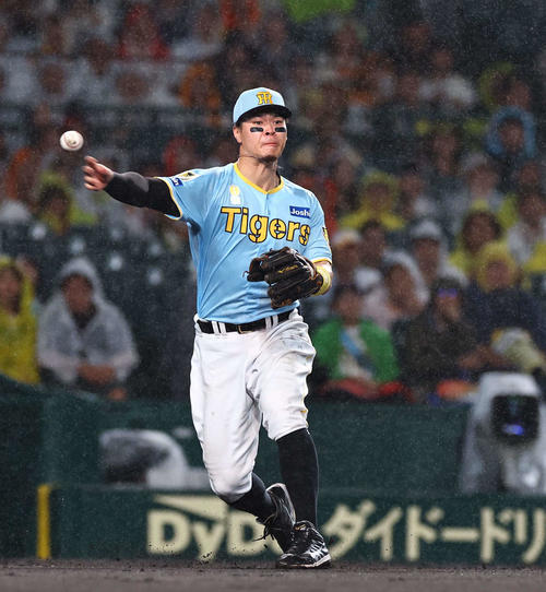 阪神対巨人　7回表巨人無死一塁、佐藤輝は吉川のバントを一塁へ悪送球する（撮影・上田博志）