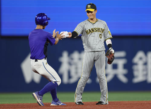 2024年9月20日、グラウンドに飛んできたポリ袋を拾い、球場スタッフに渡す阪神木浪（2024年9月20日撮影）