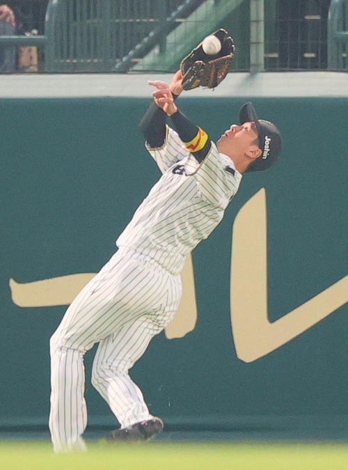 阪神対巨人　3回表巨人2死満塁、中堅手近本は吉川の打球を好捕する（撮影・上山淳一）