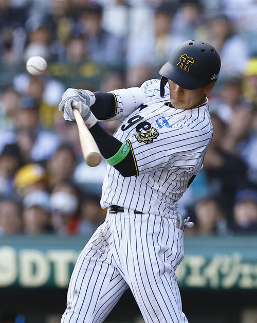 阪神対ヤクルト　7回裏阪神1死、小幡は左前打を放つ（撮影・藤尾明華）