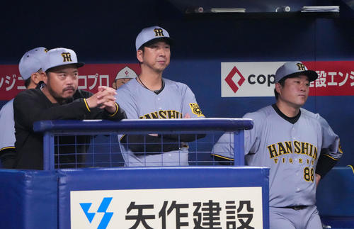 中日対阪神　9回表阪神2死二塁、藤川監督（右から2人目）はベンチから試合を見つめる（撮影・森本幸一）