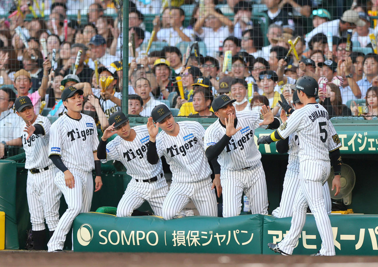 阪神対ロッテ　3回裏阪神2死二塁、二走近本（右）は中野の中前適時打で生還しナインの祝福を受ける（撮影・上山淳一）
