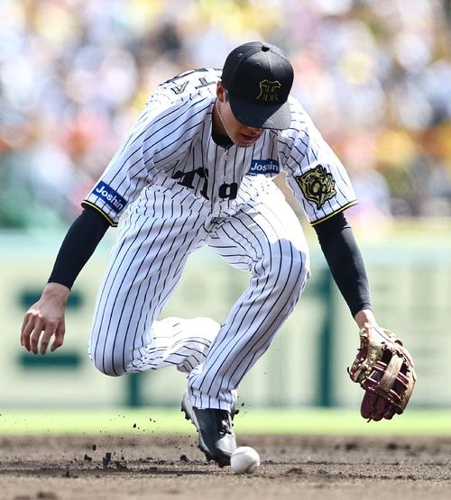 阪神対ソフトバンク　2回表ソフトバンク無死、小幡は中村の打球をファンブルする（撮影・上田博志）