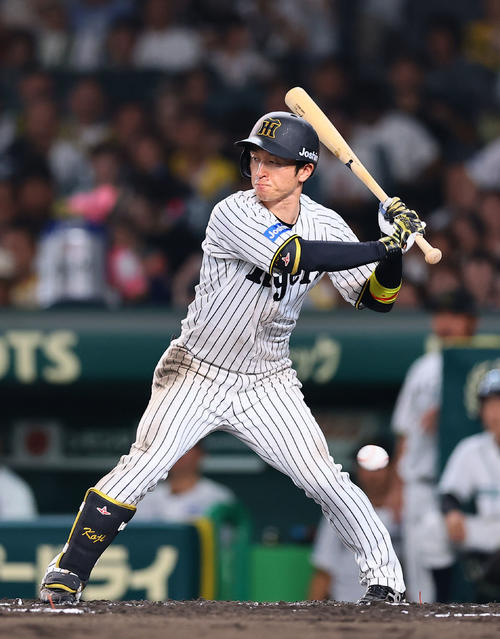 阪神対巨人　6回裏阪神1死一塁、この日３つ目の四球を選ぶ近本光司（撮影・藤尾明華）