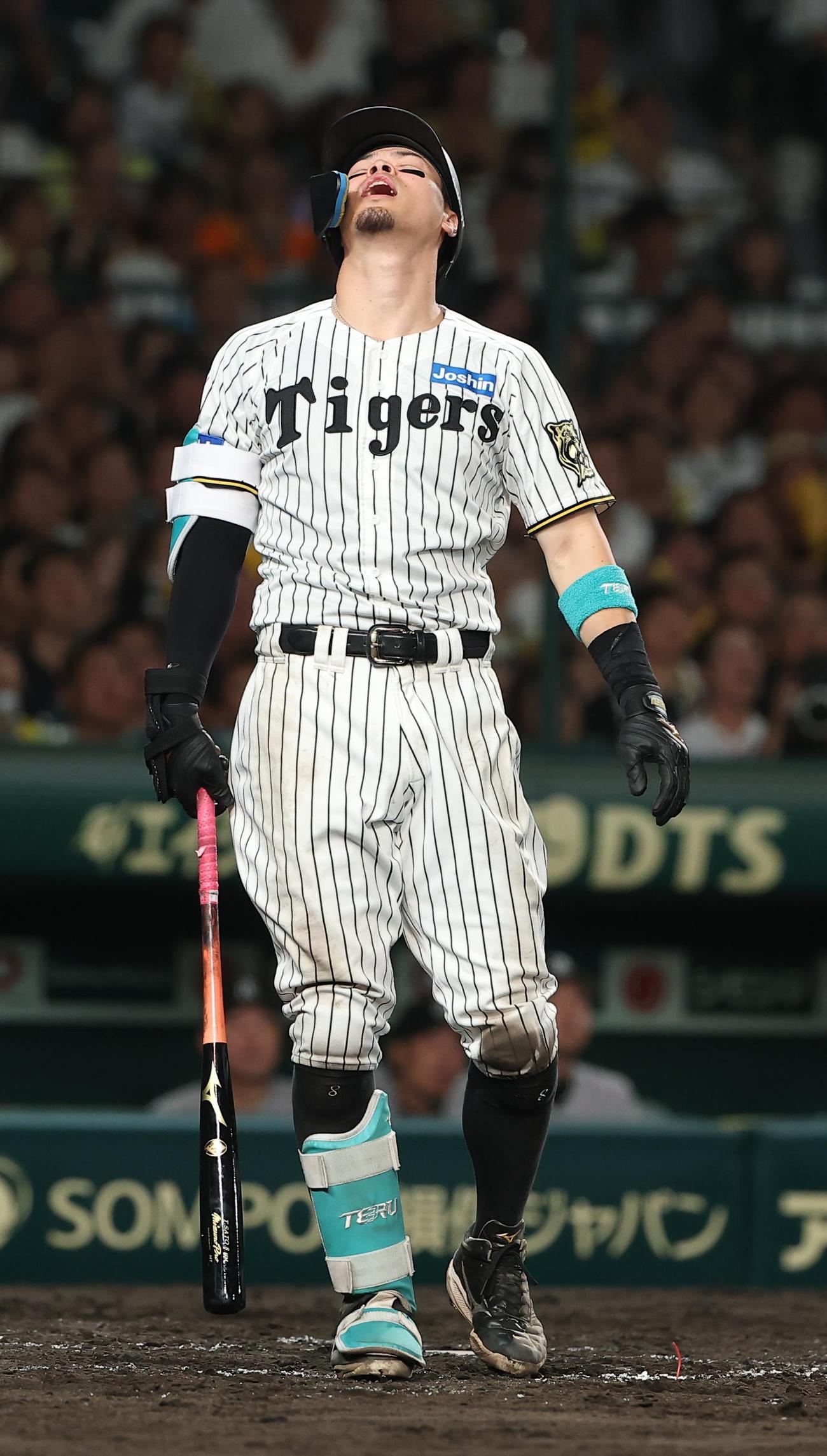 阪神対巨人　7回裏阪神2死三塁、佐藤輝は適時二塁打の打球をファウルと思い悔しそうな表情を見せる（撮影・上田博志）＝2025年8月31日、甲子園球場