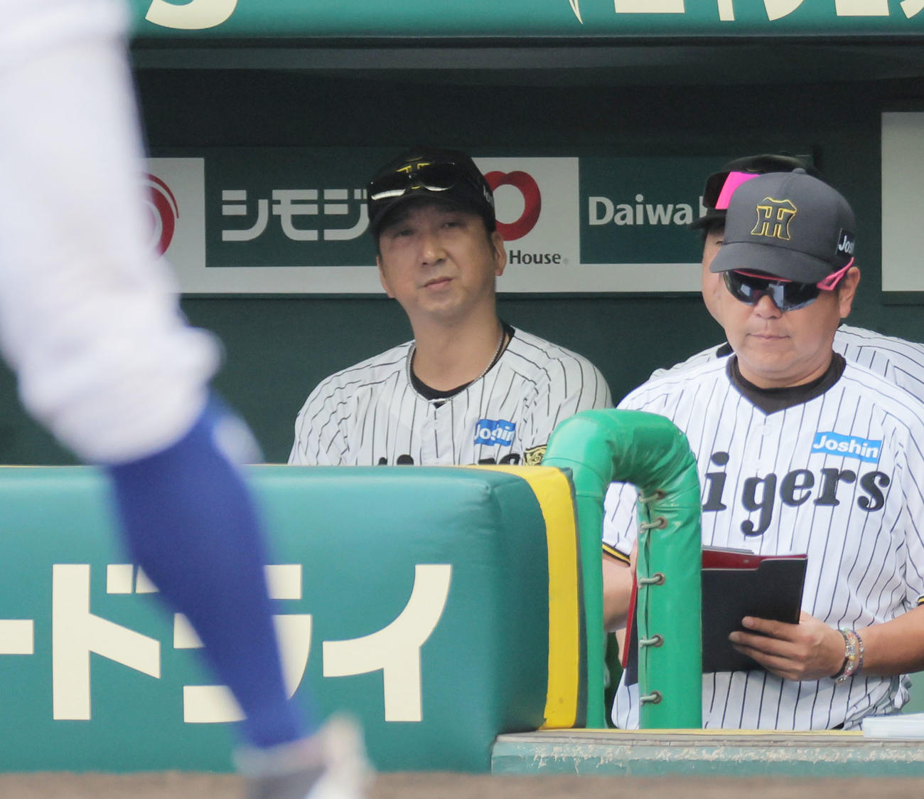 阪神対DeNA　ベンチで戦況を見つめる藤川監督（左）ら（撮影・宮崎幸一）