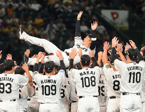 阪神対ヤクルト　　引退セレモニーで胴上げされる原口（撮影・上田博志）