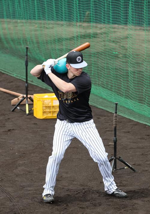 肩にメディシンボールを乗せてティー打撃を行う阪神ディベイニー（撮影・西尾就之）