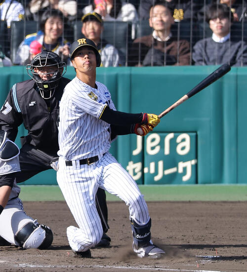 阪神対巨人　8回裏阪神1死、岡城は右前打を放つ（撮影・上田博志）