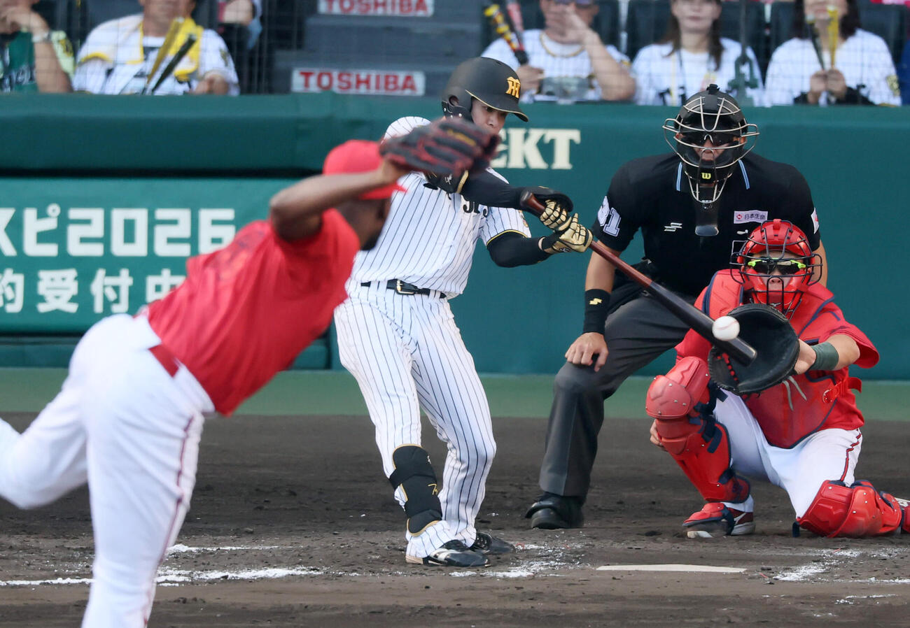 阪神対広島　8回裏阪神無死、中野拓夢は左前打を放つ。投手テイラー・ハーン(撮影・加藤哉）