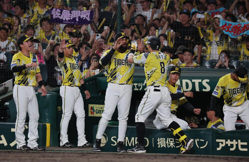 阪神対巨人　6回裏阪神無死、バックスクリーンに先制本塁打を放った佐藤輝明を迎える阪神ナイン（撮影・宮崎幸一）