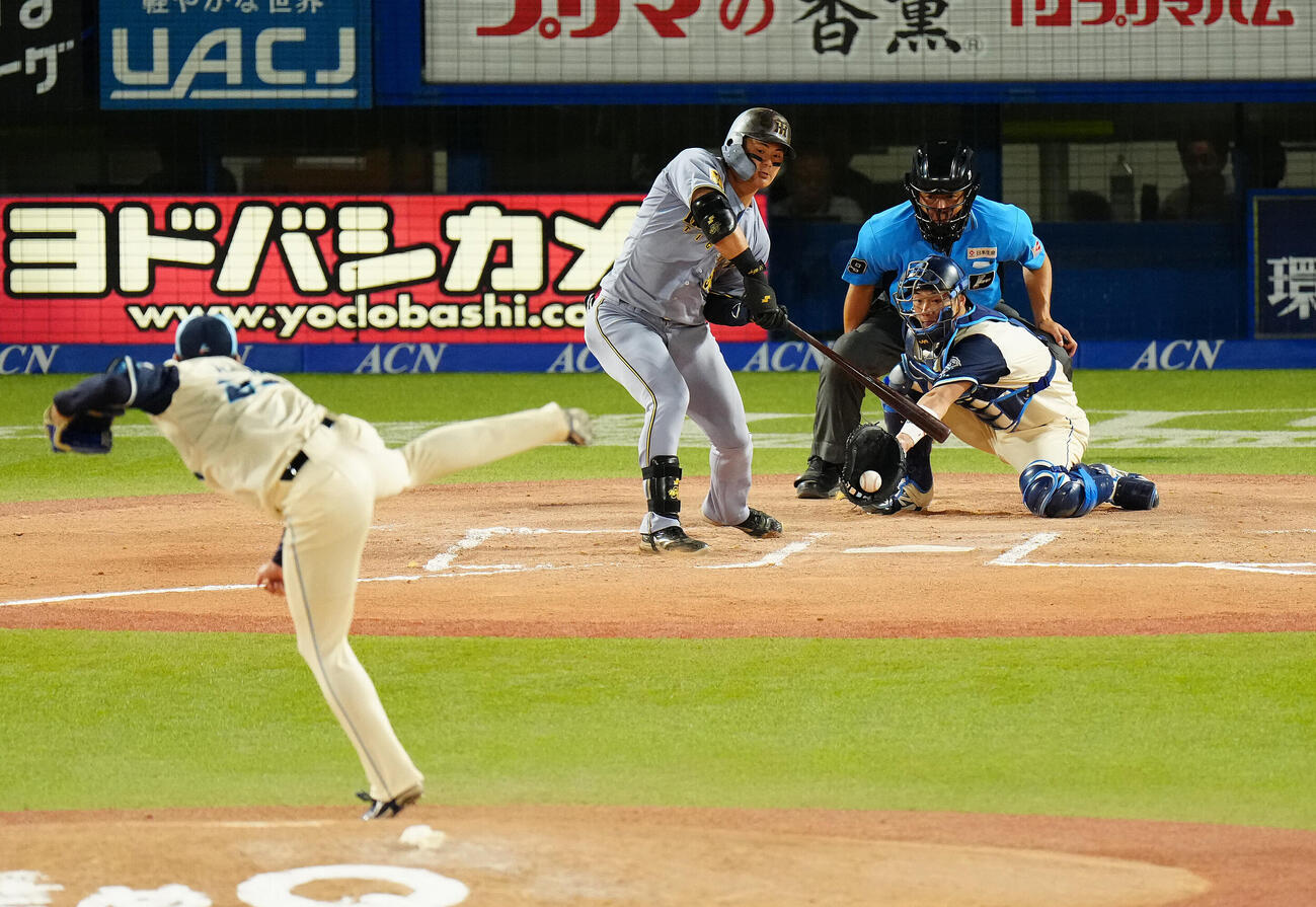 ヤクルト対阪神　6回表阪神1死、四球を選ぶ前川右京。投手星知弥（撮影・鈴木みどり）