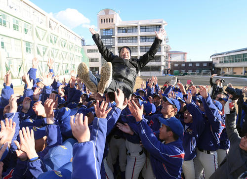 センバツ出場を決め胴上げされる明秀学園日立・金沢成奉監督（撮影・たえ見朱実）