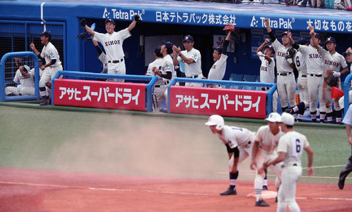 日大鶴ケ丘対日大三　７回表日大鶴ケ丘２死一、三塁、菅原の同点打に盛り上がる日大鶴ケ丘ベンチ（撮影・宇治久裕）