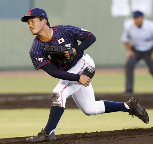 宮崎県高校選抜との壮行試合に先発した高校日本代表の野尻（共同）