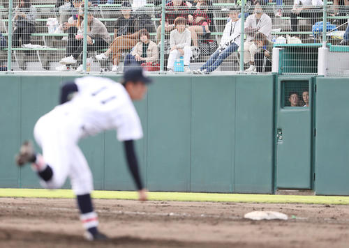 報徳学園対浦和学院戦で浦和学院・渡辺の投球を見つめる金足農・吉田（後方左）（撮影・垰建太）